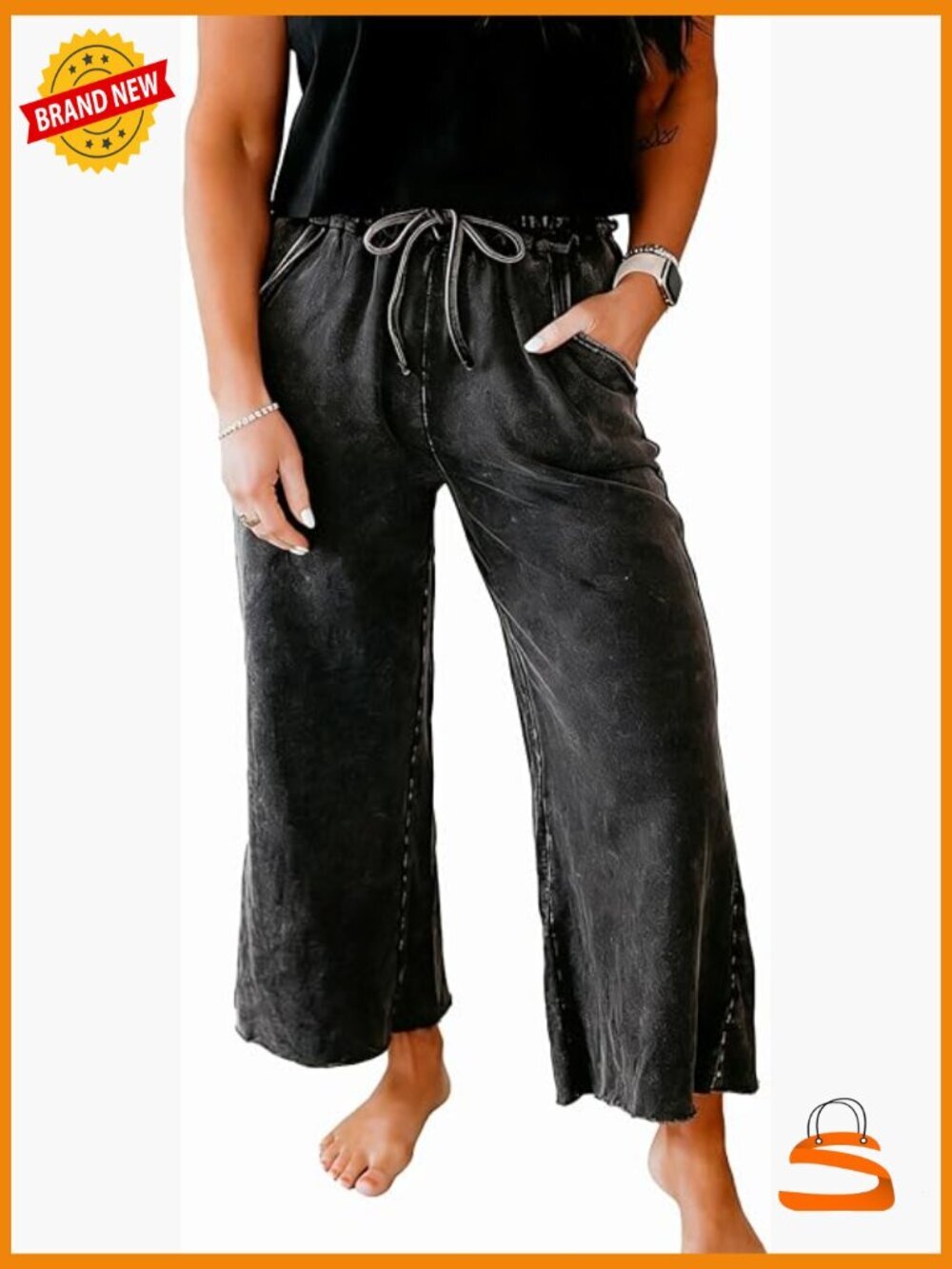 Elastic High Waist Drawstring Wide Leg Cropped Lounge Pants with Pockets